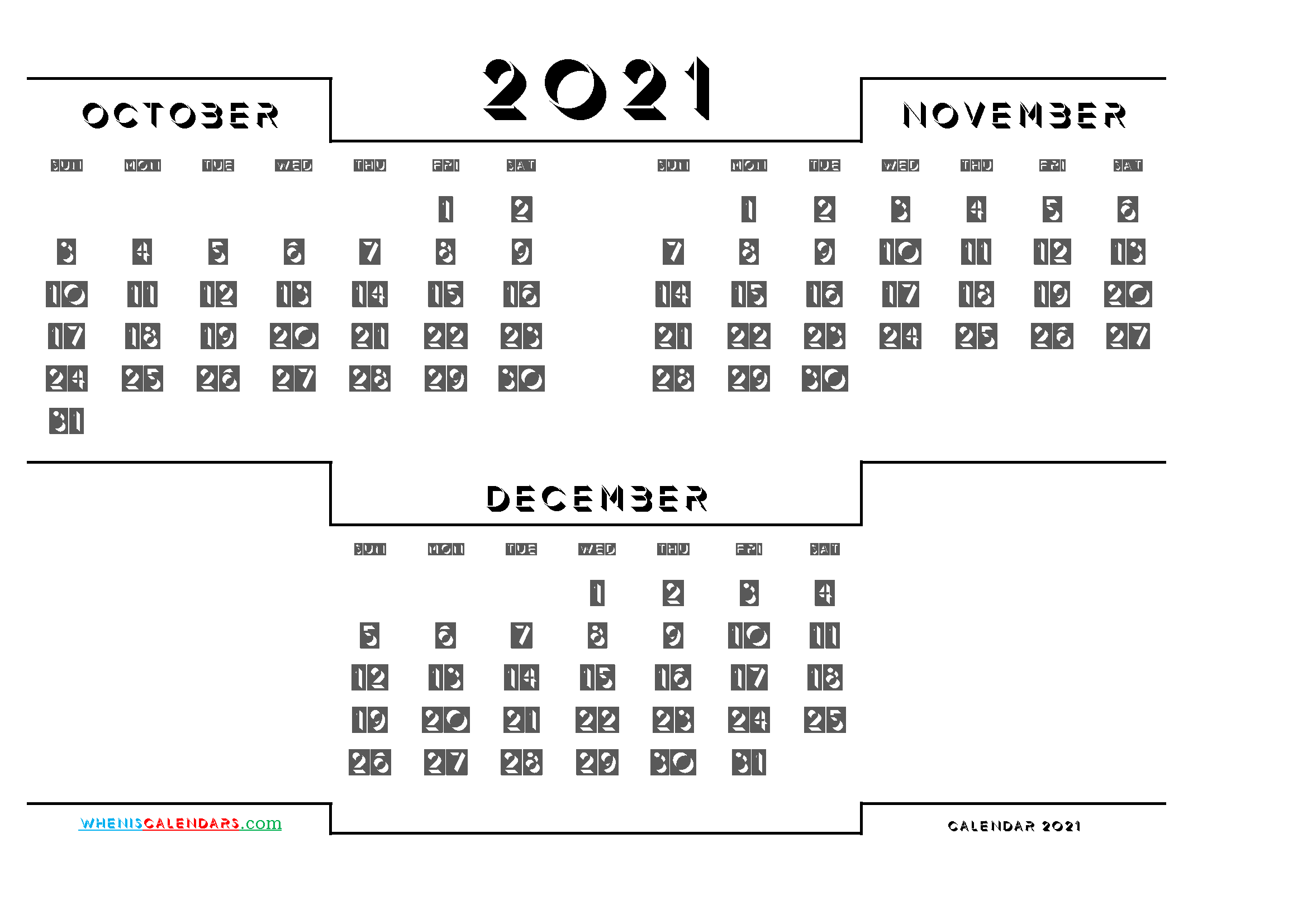 October November December 2021 Calendar printable 3 month calendar on one page