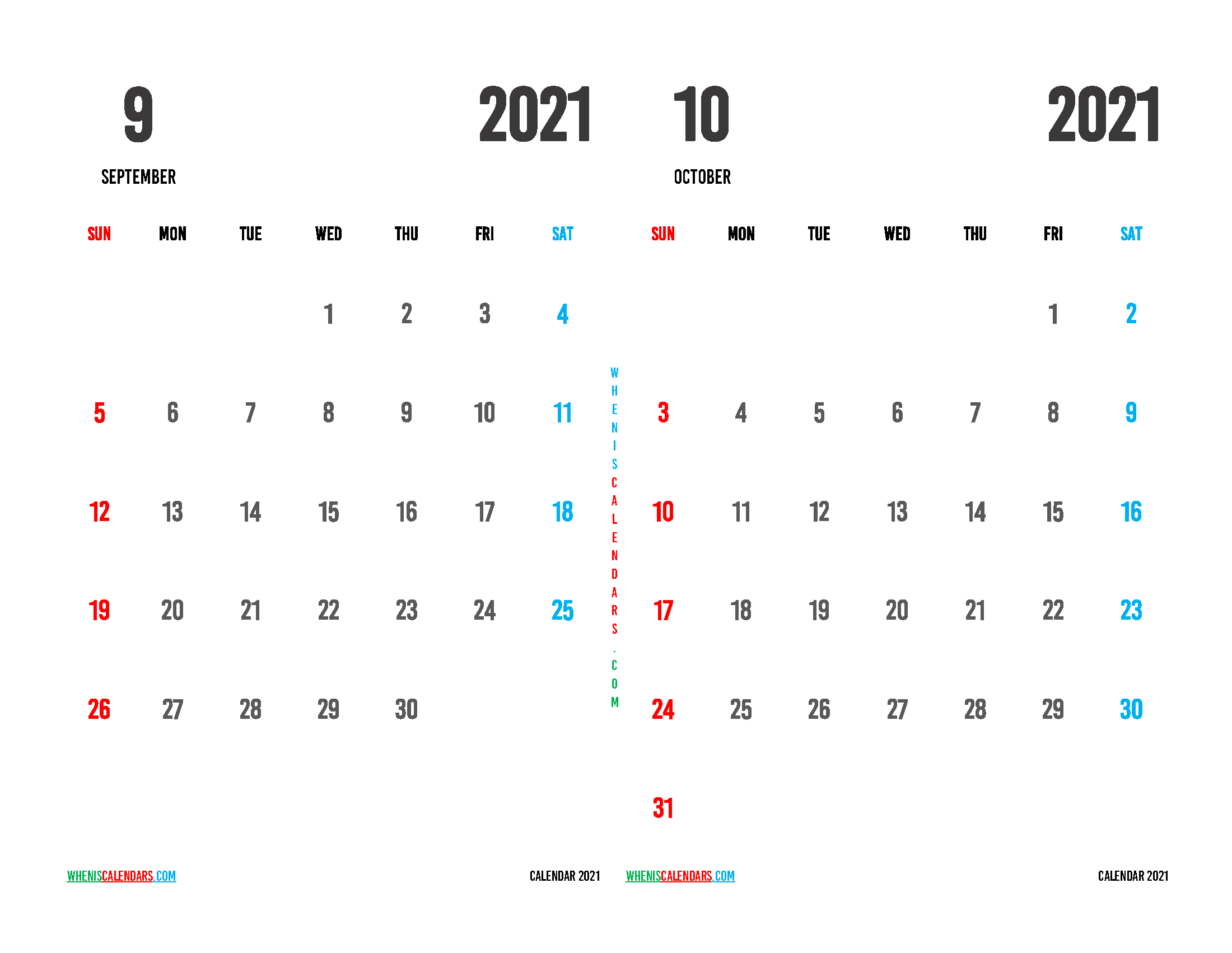 September October 2021 Calendar Free Printable