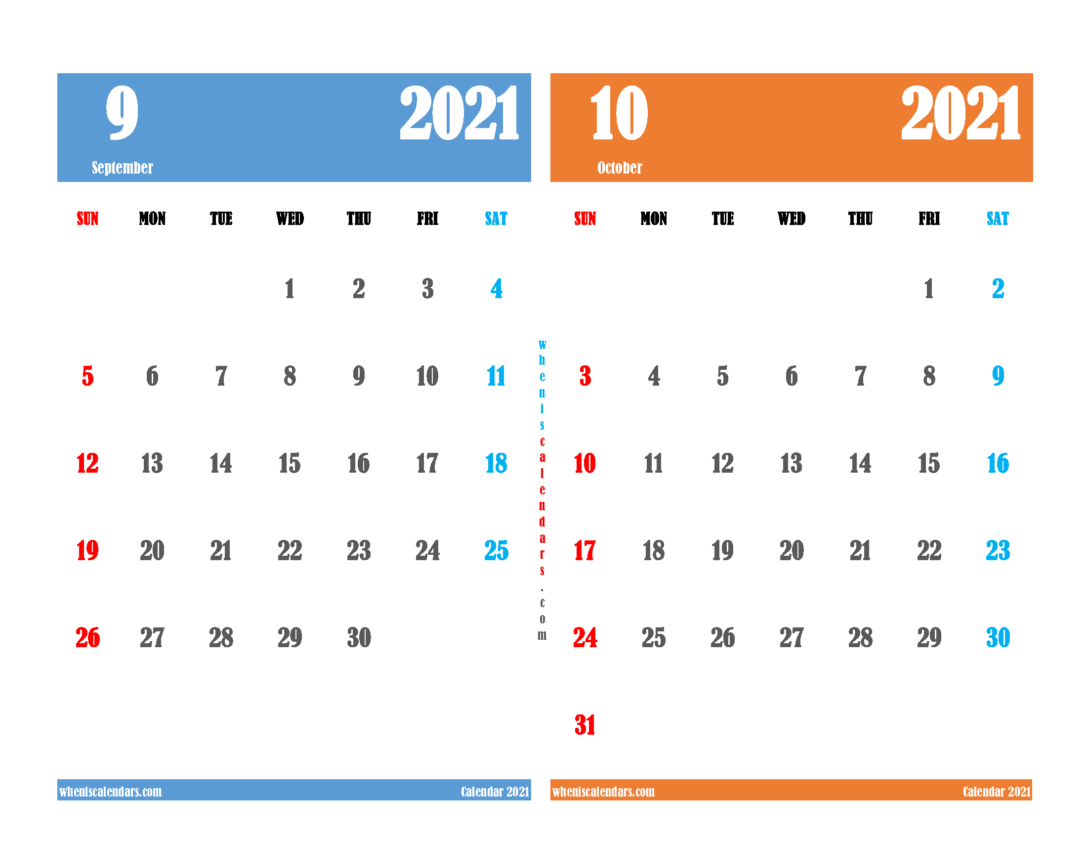 free printable Sep and Oct 2021 Calendar two month on one page