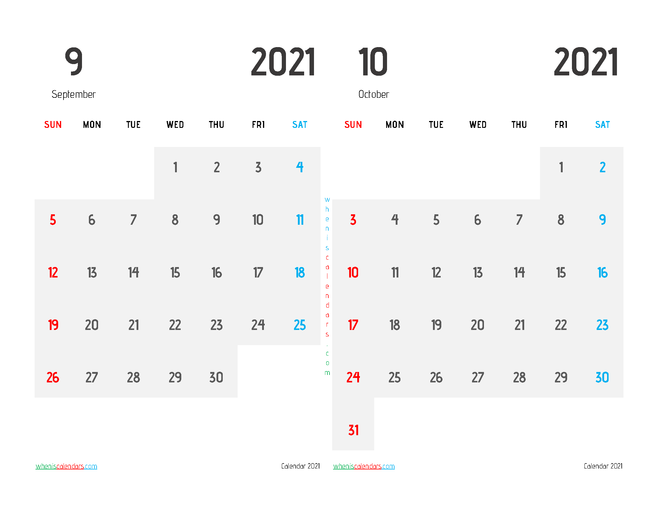 Calendar for September and October 2021