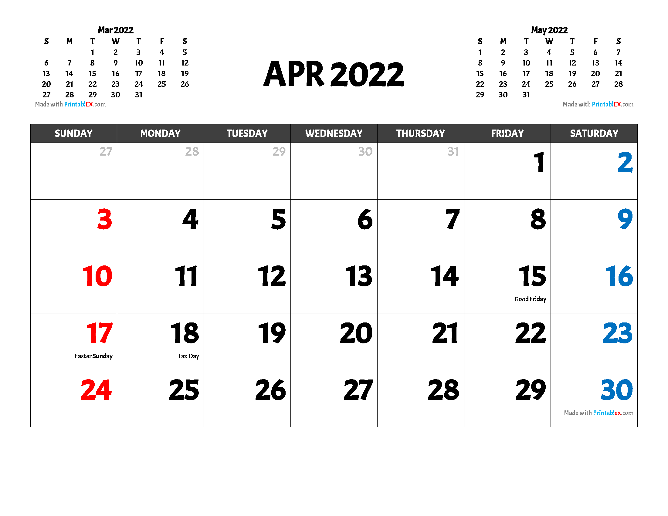 Free Printable April 2022 Calendar with holidays and observances in United States