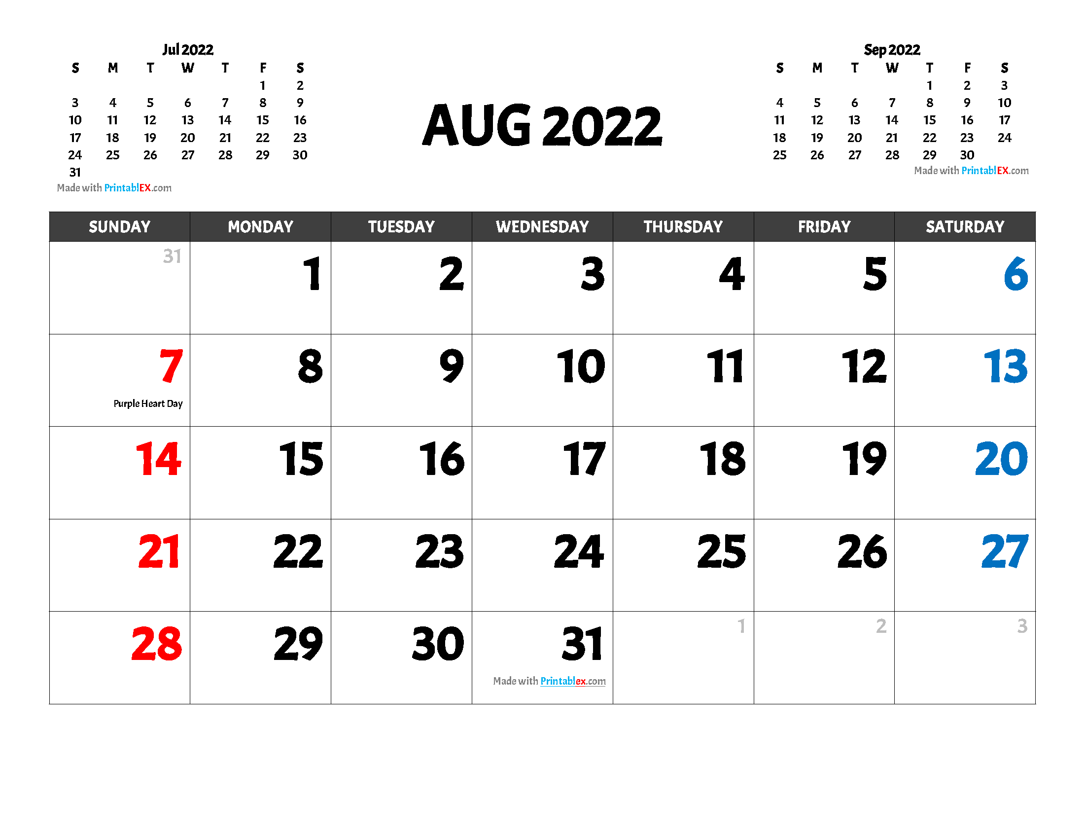 Free Printable August 2022 Calendar with holidays and observances in United States