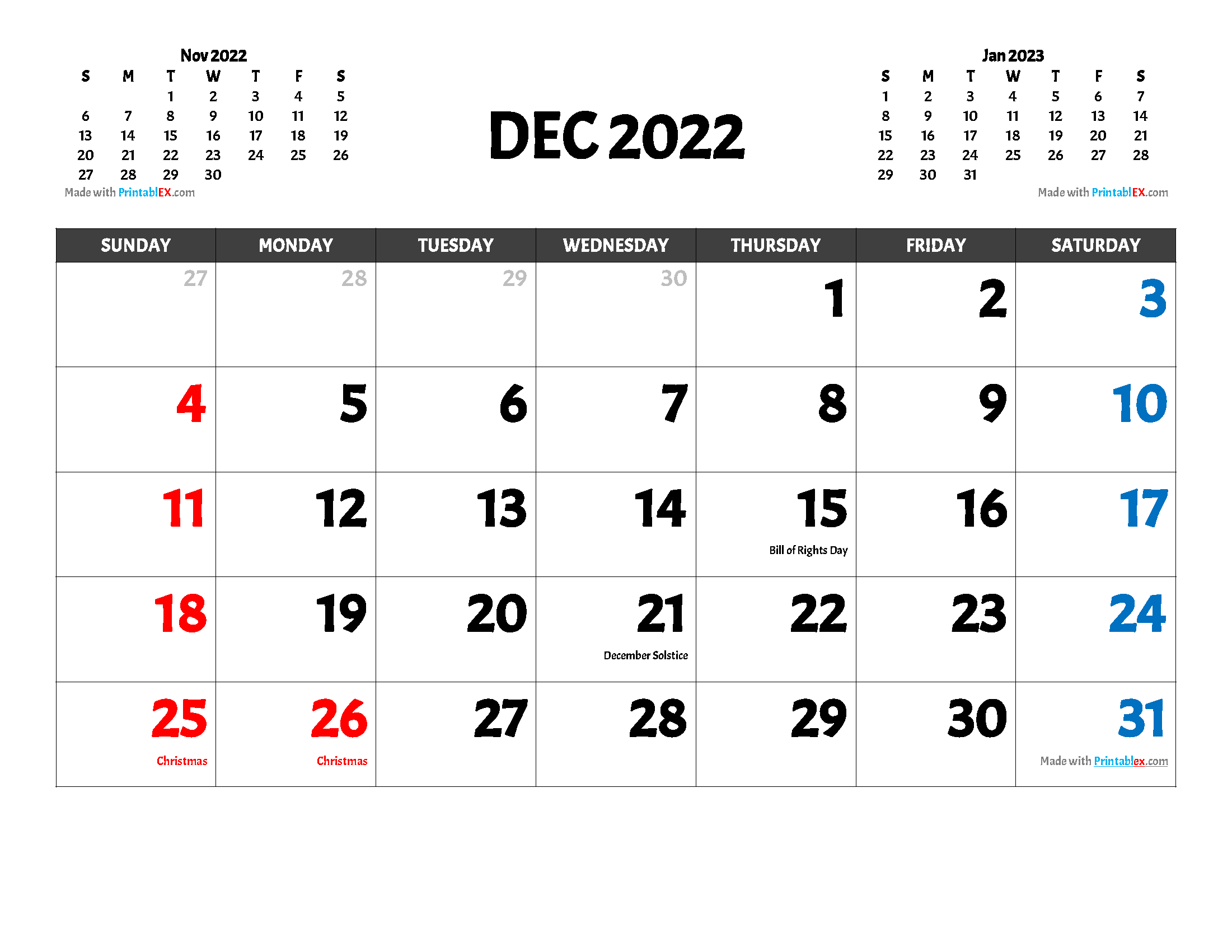 Free Printable December 2022 Calendar with holidays and observances in United States
