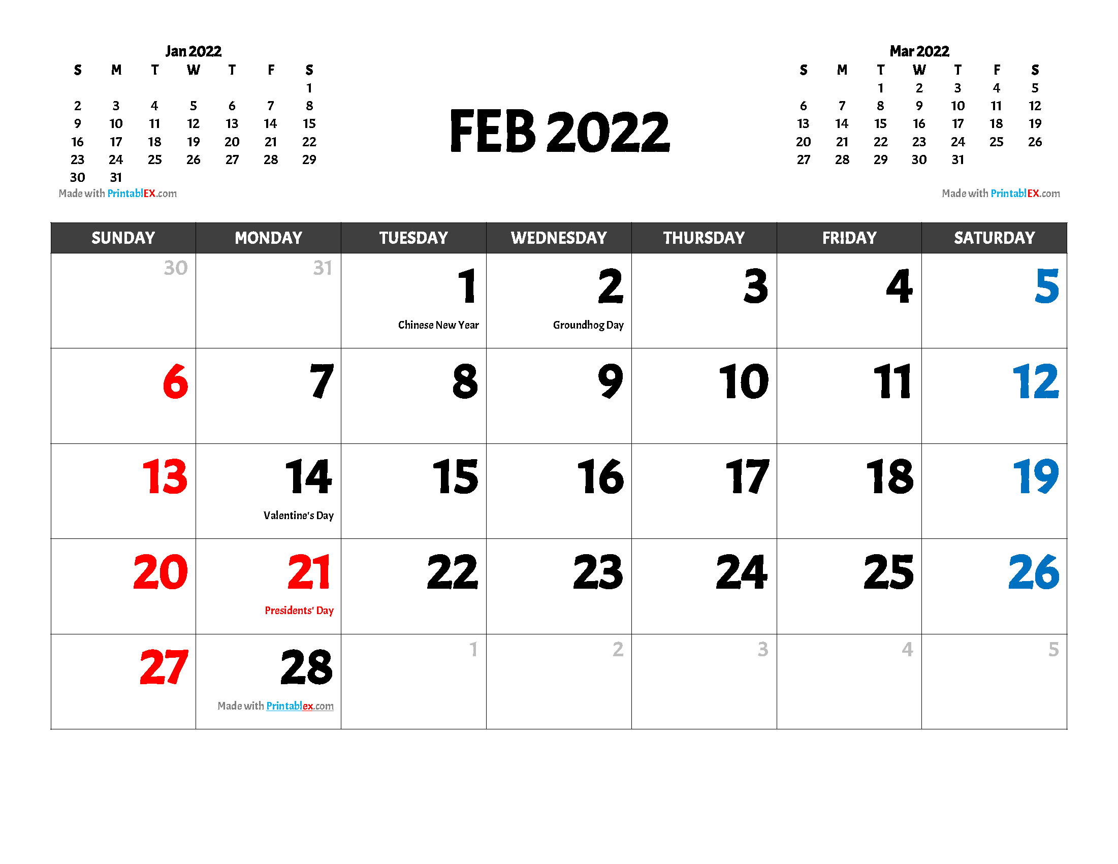 Free Printable February 2022 Calendar with holidays and observances in United States