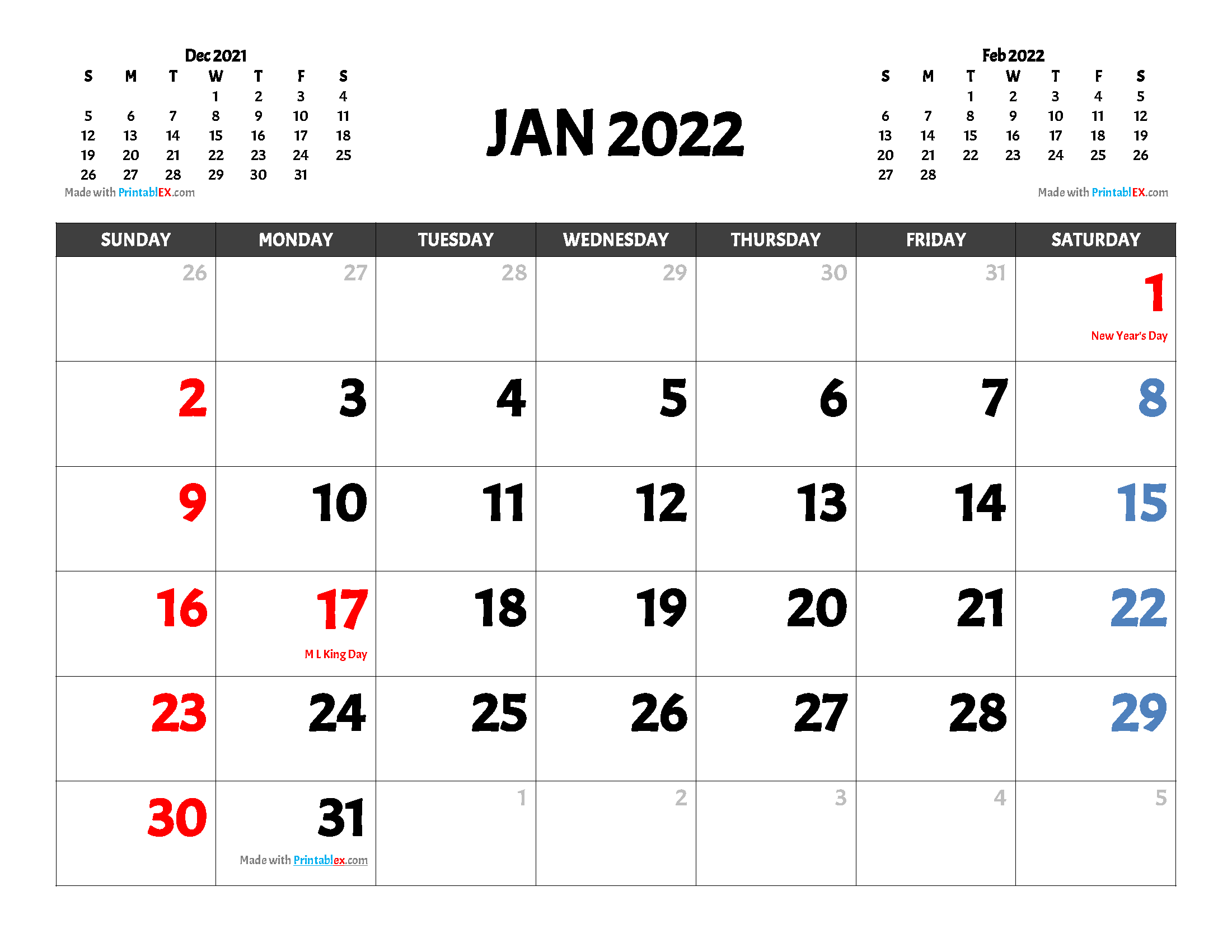 Free Printable January 2022 Calendar with holidays and observances in United States