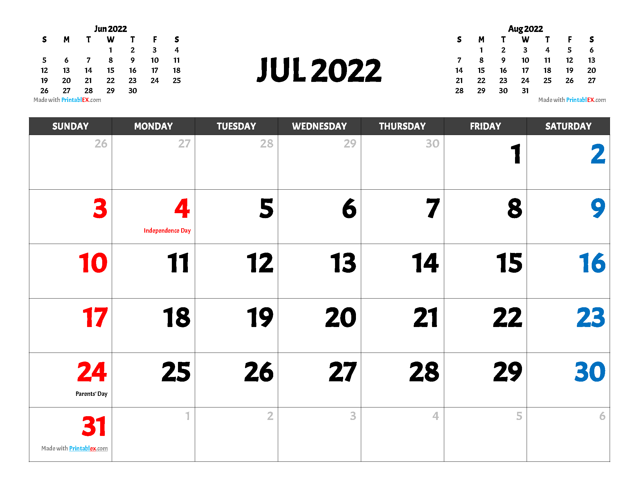 Free Printable July 2022 Calendar with holidays and observances in United States