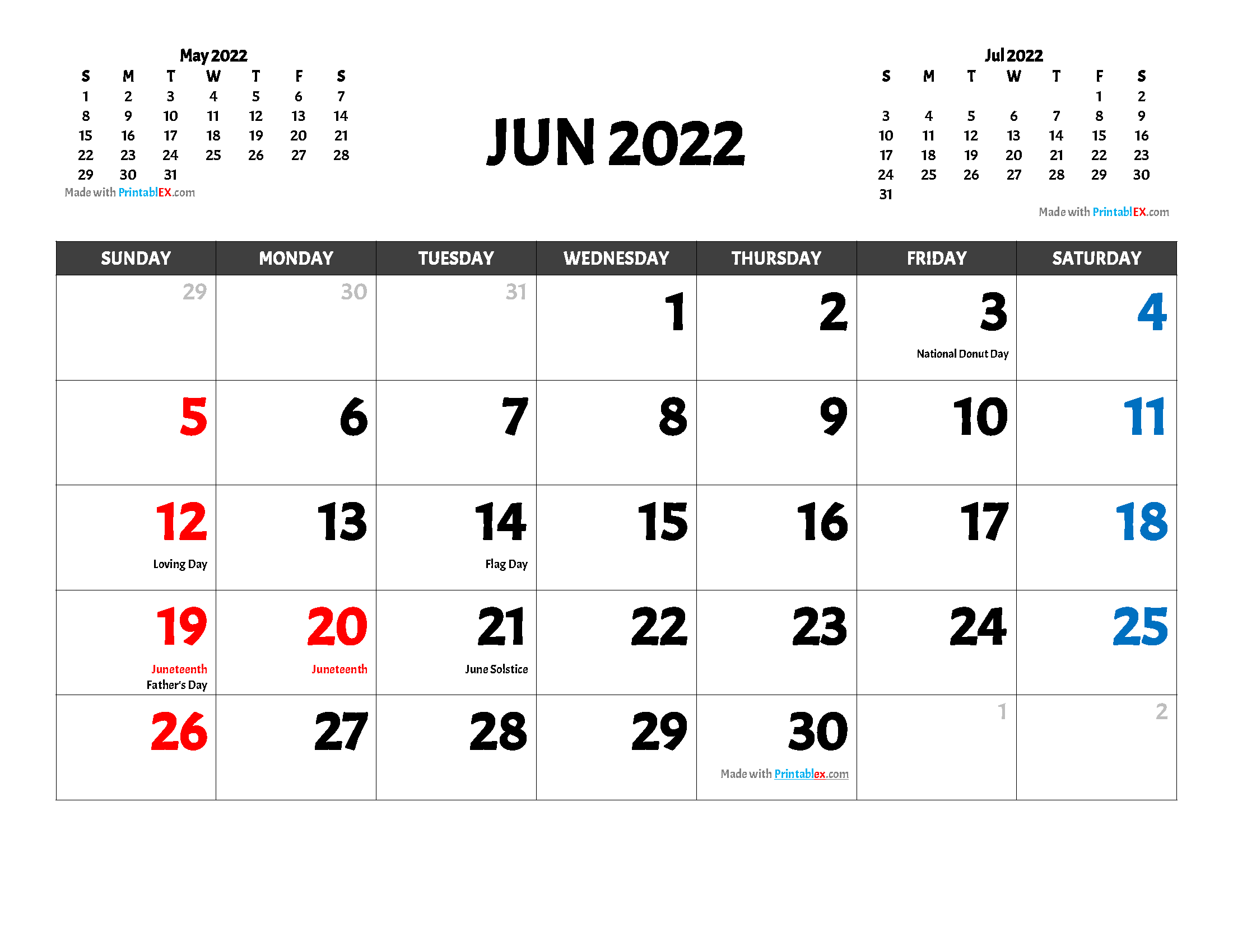 Free Printable June 2022 Calendar with holidays and observances in United States