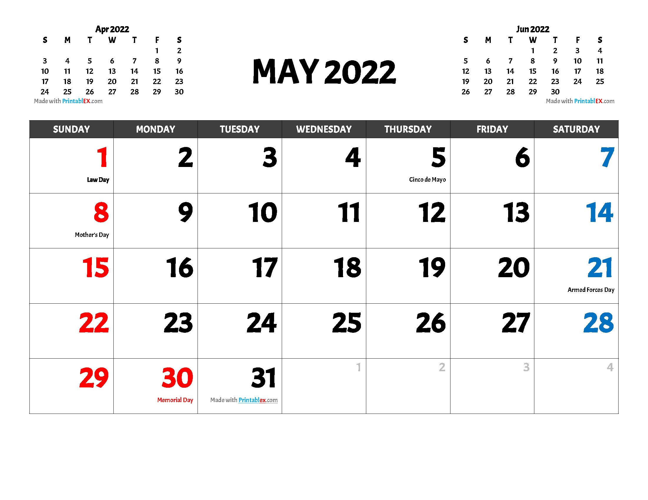 Free Printable May 2022 Calendar with holidays and observances in United States
