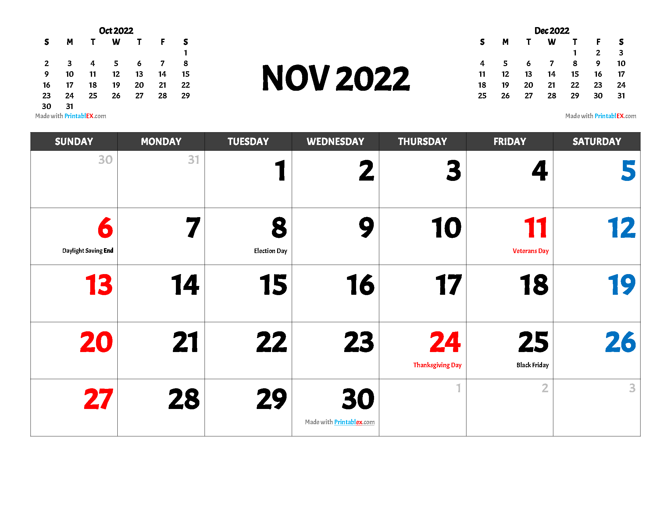 Free Printable November 2022 Calendar with holidays and observances in United States