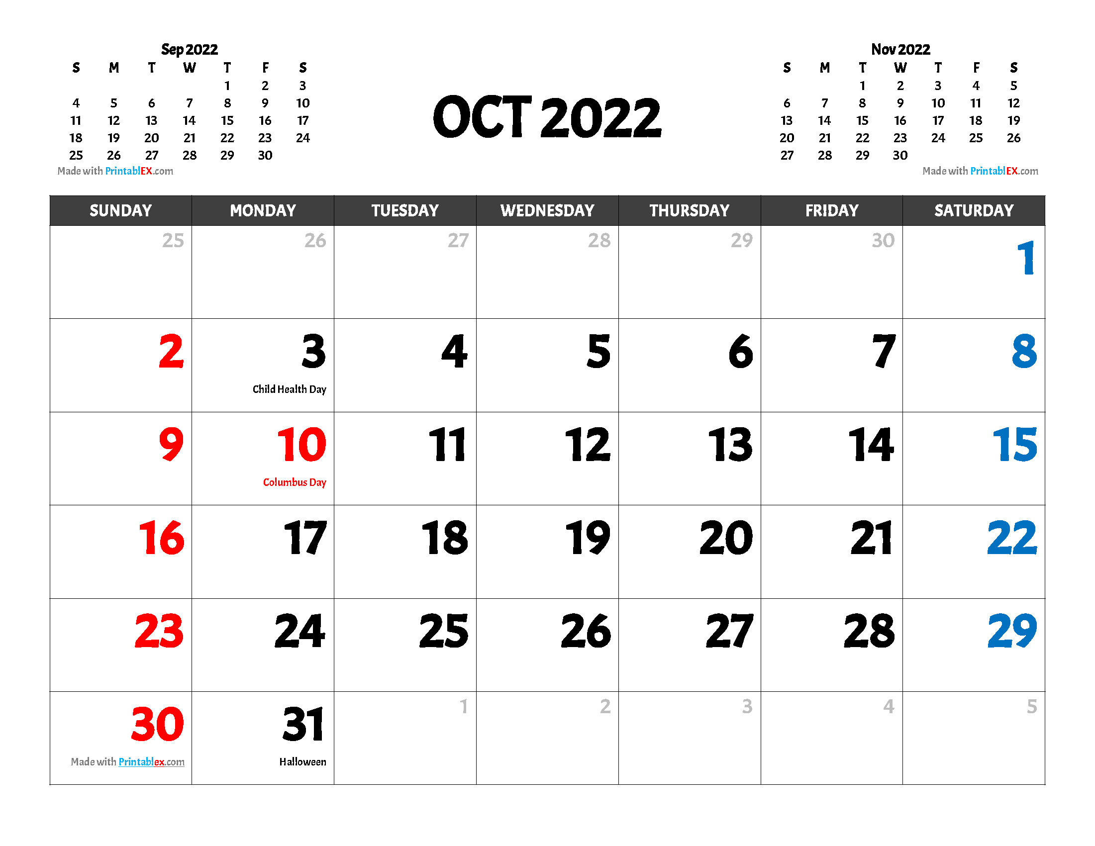Free Printable October 2022 Calendar with holidays and observances in United States