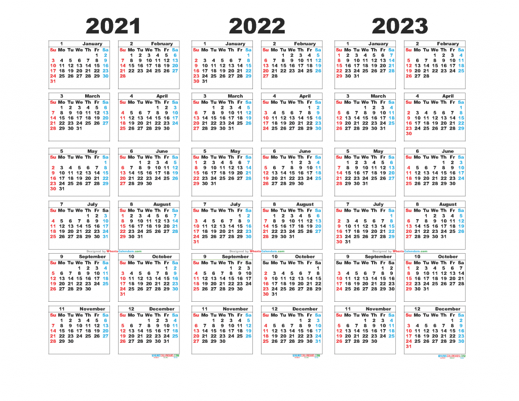 Free Printable 3 Year Calendar 2021 to 2023 as PDF document and high resolution Image (landscape format)