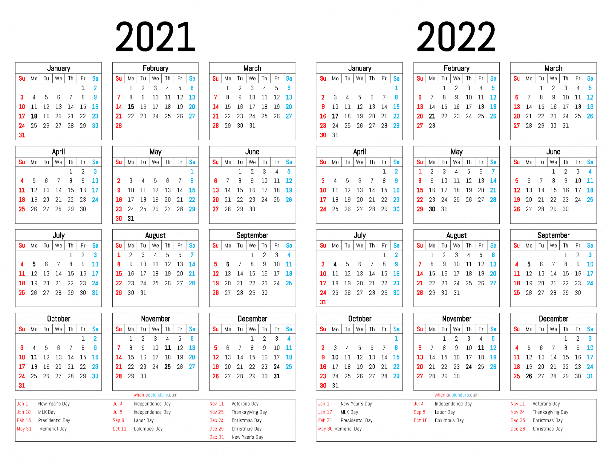 free two year calendar 2021 and 2022 printable