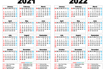 Download Free 2021 Calendar 2022 Printable with Holidays as PDF and high resolution Image (Two Year Calendar on One Page)
