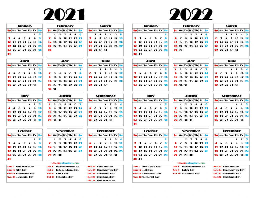 Download Free 2021 Calendar 2022 Printable with Holidays as PDF and high resolution Image (Two Year Calendar on One Page)
