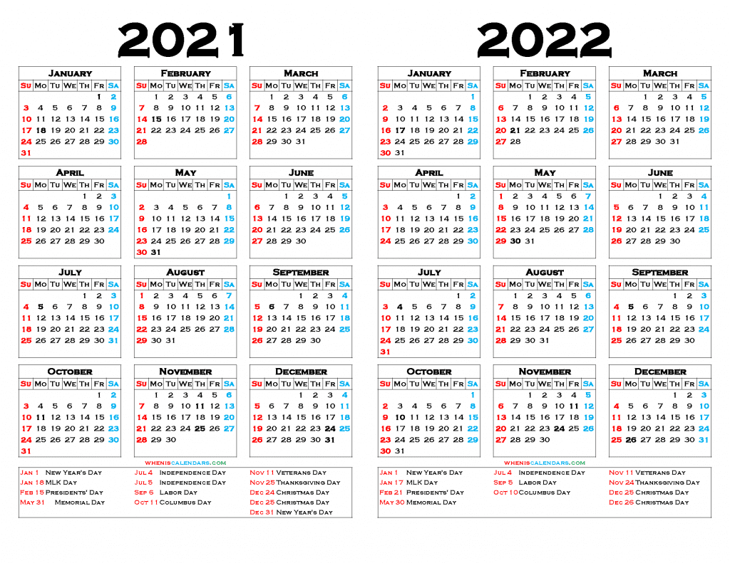 Download Free Two Year Calendar 2021 and 2022 Printable with Holidays as PDF and high resolution Image (Two Year Calendar on One Page)