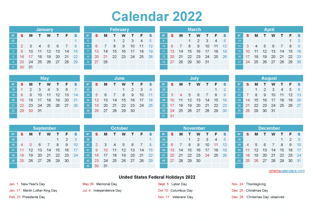 Free Printable Calendar Templates 2022 with Holidays Yearly Design with 12 Months on One Page