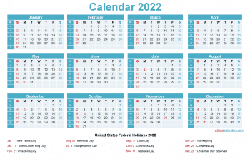 Free Printable Calendar Templates 2022 with Holidays Yearly Design with 12 Months on One Page
