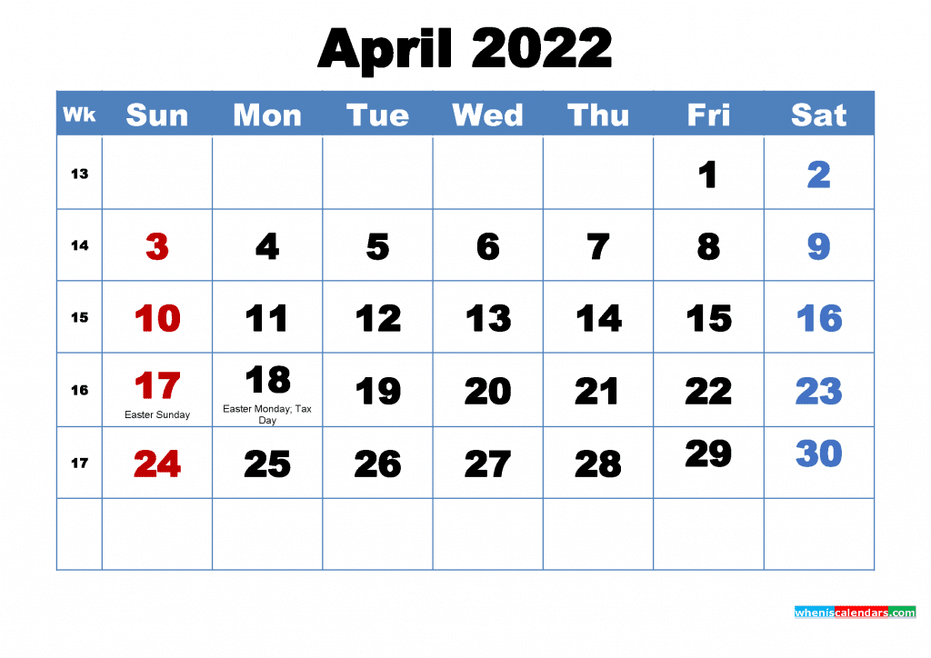 Free April 2022 Calendar with Holidays Printable PDF and Image