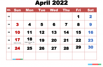 Free April 2022 Calendar with Holidays Printable PDF and Image