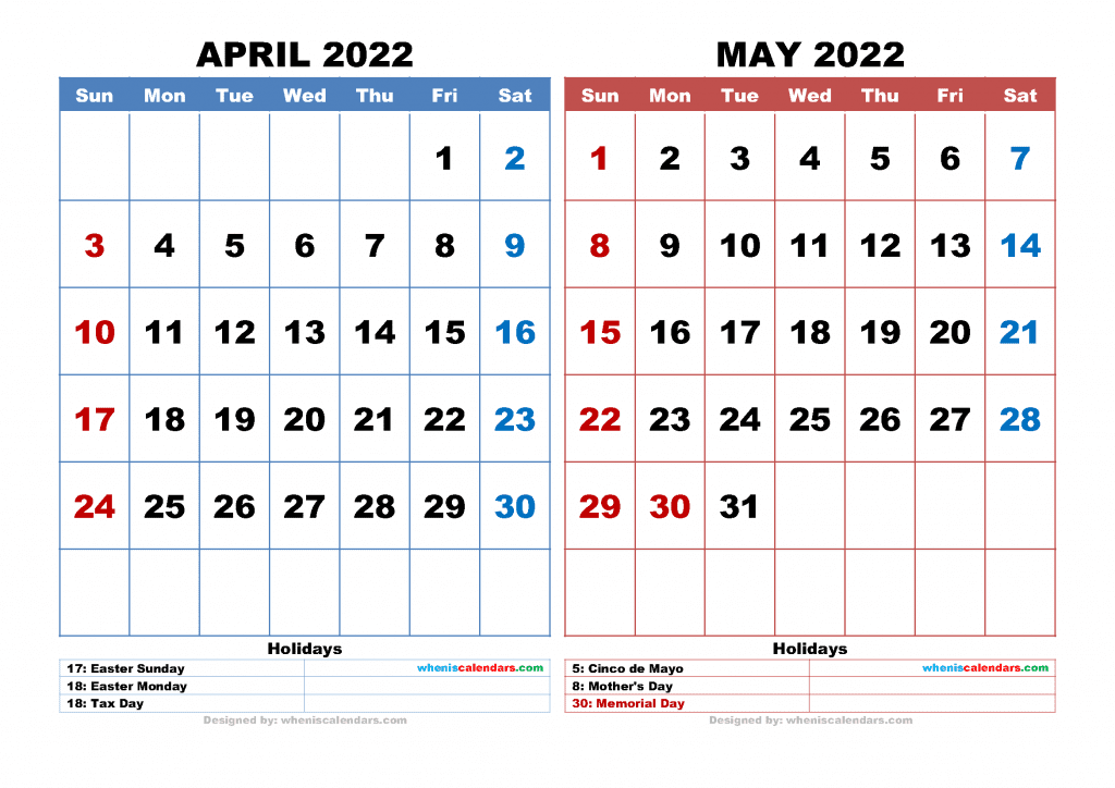 Free April May 2022 Calendar Printable as PDF and high resolution image