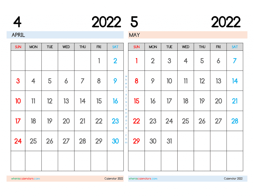 Free April May 2022 Calendar Printable PDF