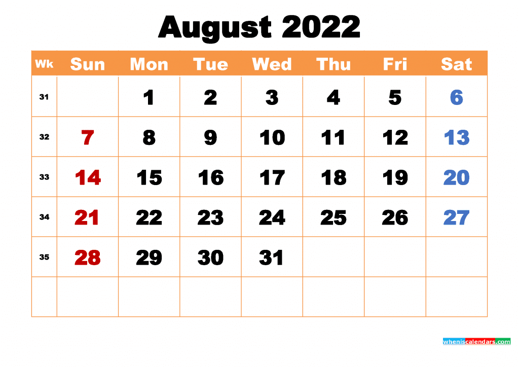 Free August 2022 Calendar with Holidays Printable PDF and Image
