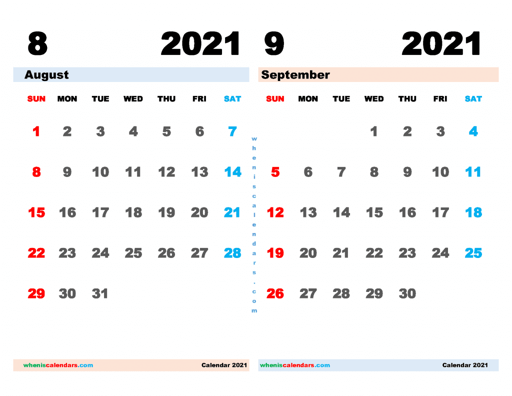 Download Free August September 2021 Calendar Printable PDF and Image