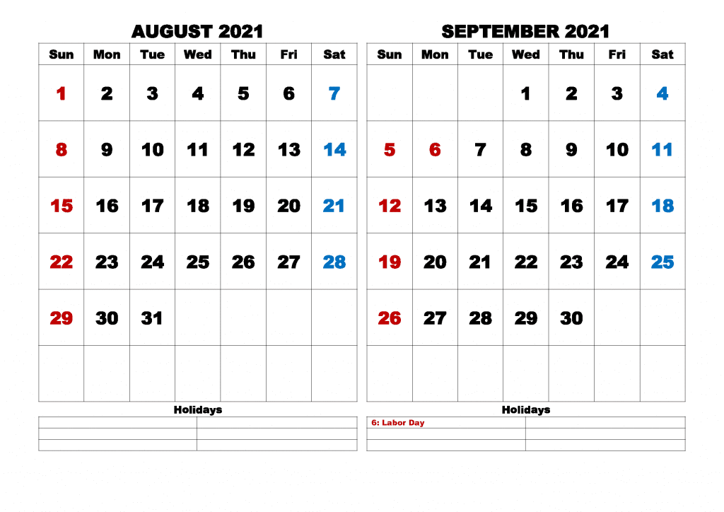Free Printabe August September 2021 Calendar with Holidays
