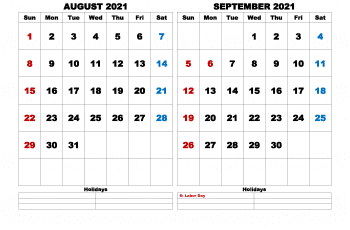 Free Printabe August September 2020 Calendar with Holidays