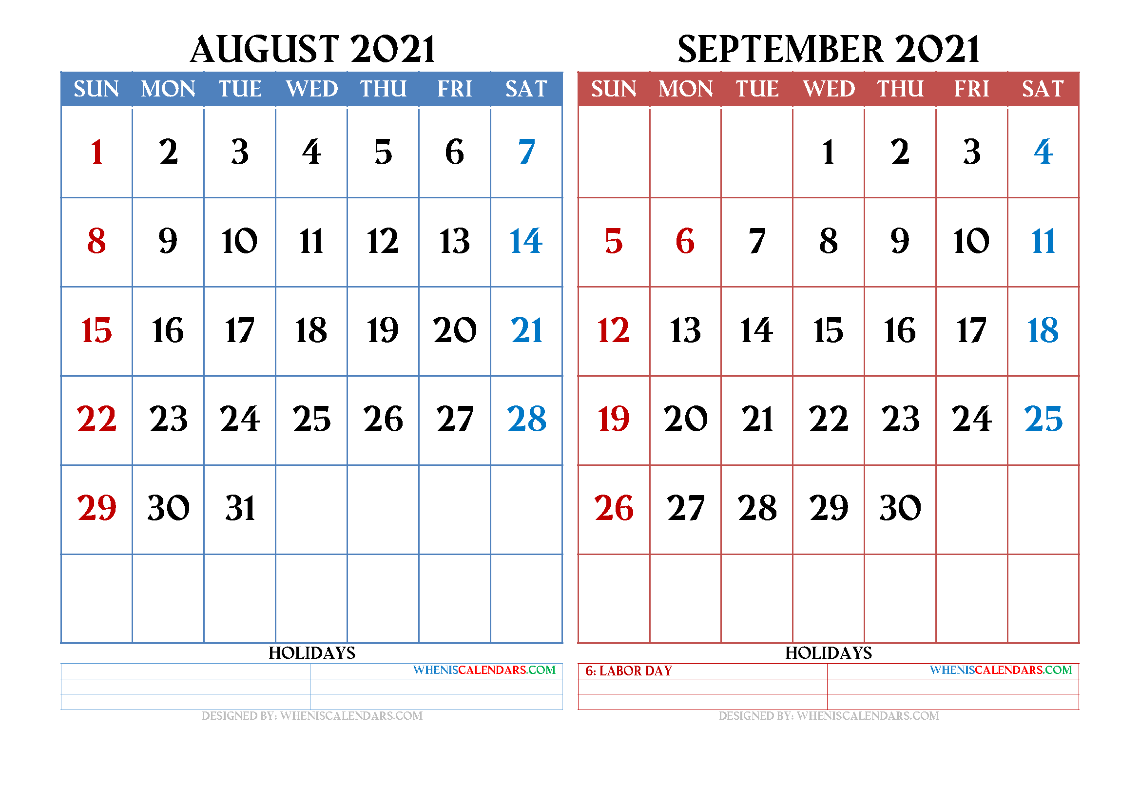 Free August September 2021 Calendar Printable PDF
