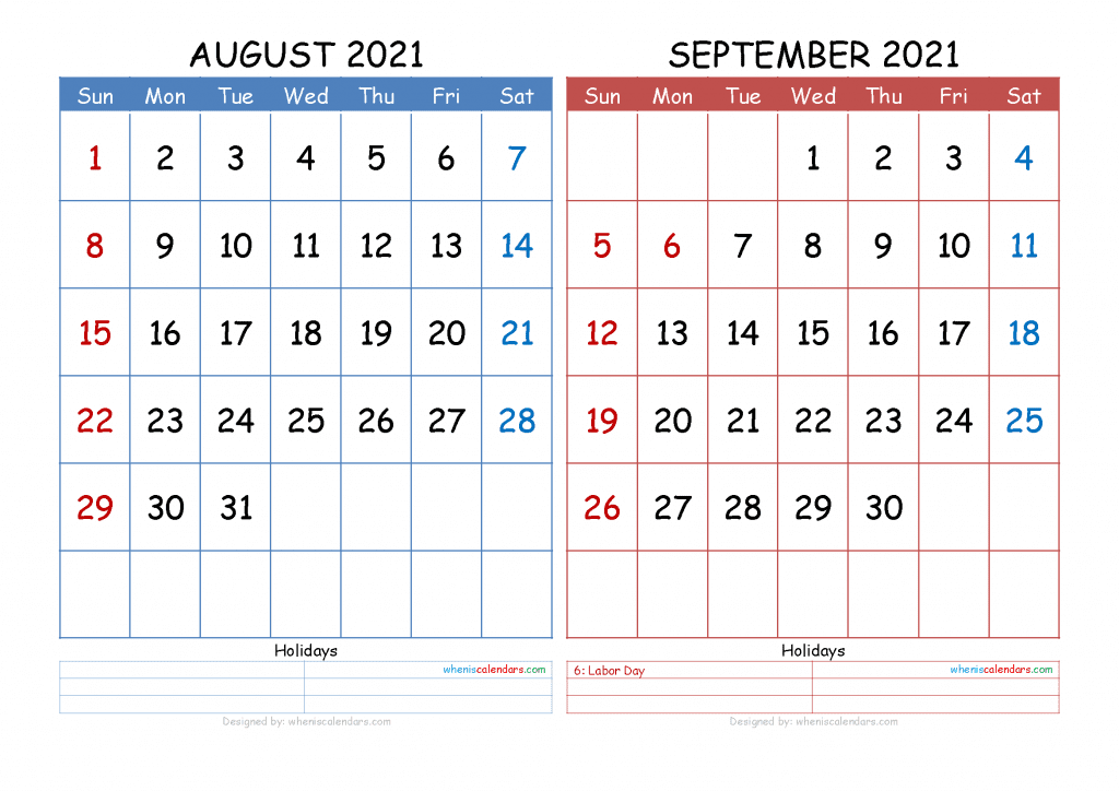 Free Printable August September 2021 Calendar with Holidays 2 Month Calendar on One Page