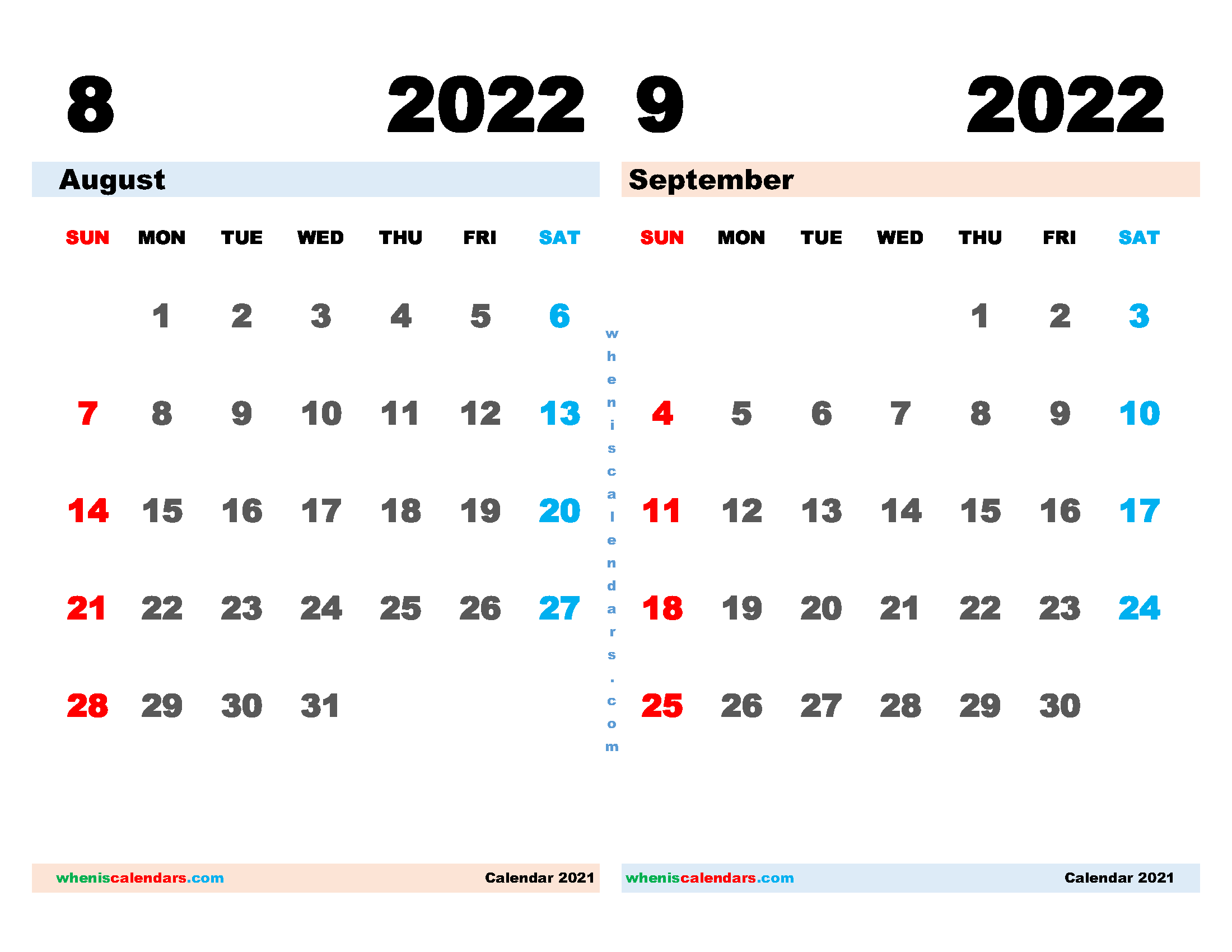 Free August September 2022 Calendar Printable PDF document and high resolution Image