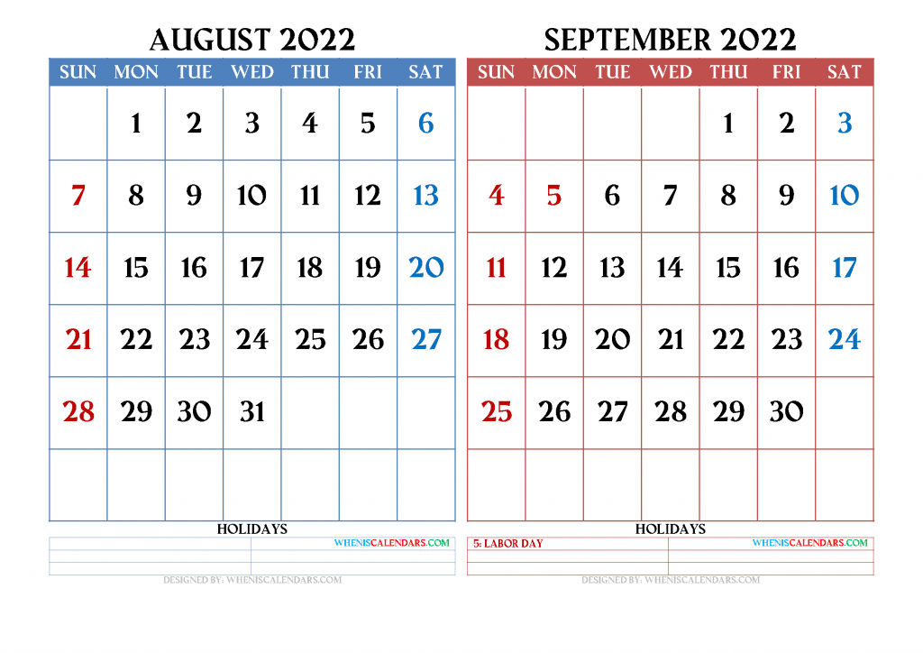 Free August September 2022 Calendar Printable with Holidays PDF and high resolution image