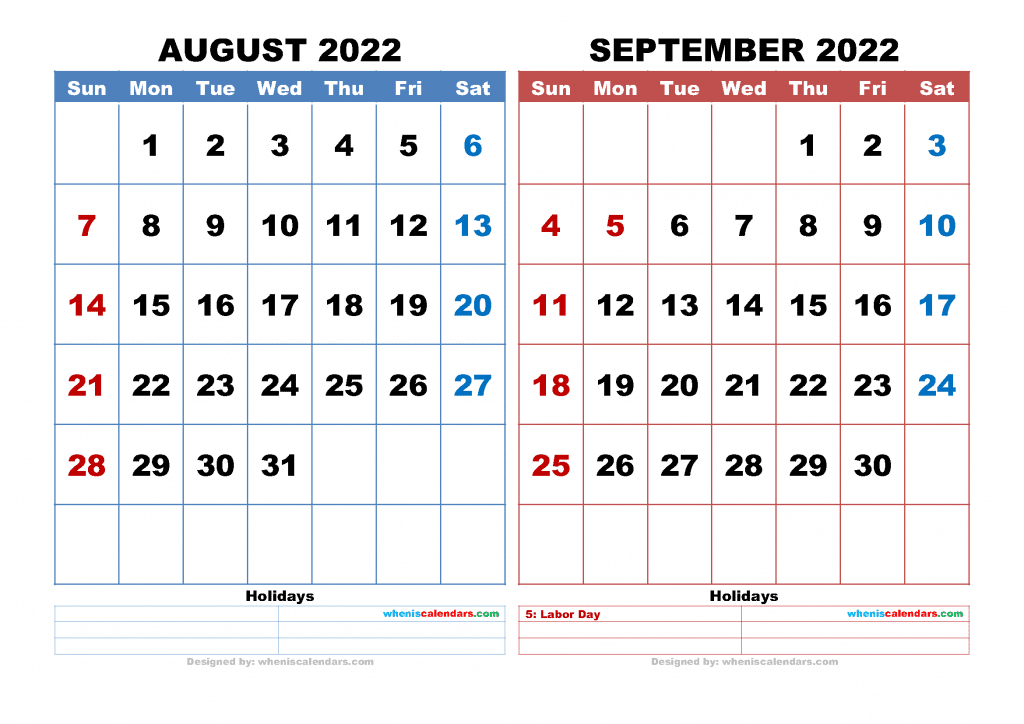 Free August September 2022 Calendar Printable with Holidays PDF and high resolution image