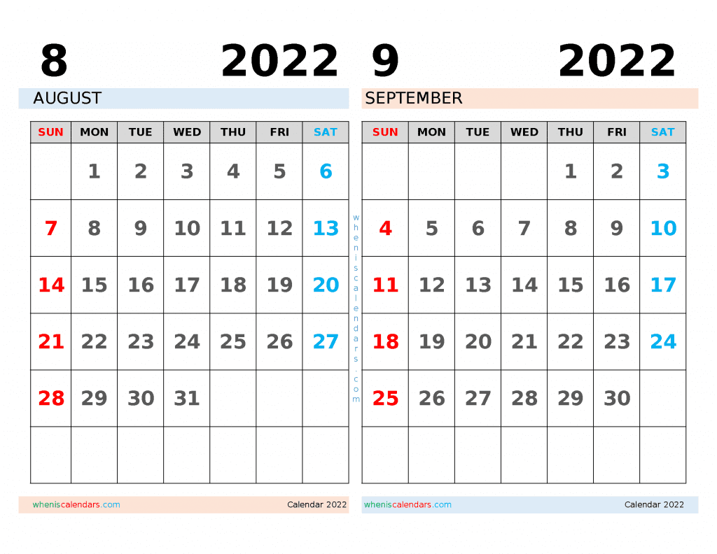 Free August September 2022 Calendar Printable PDF document and high resolution Image
