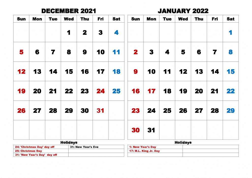 Download Free December 2021 January 2022 Calendar Printable as PDF and PNG file format