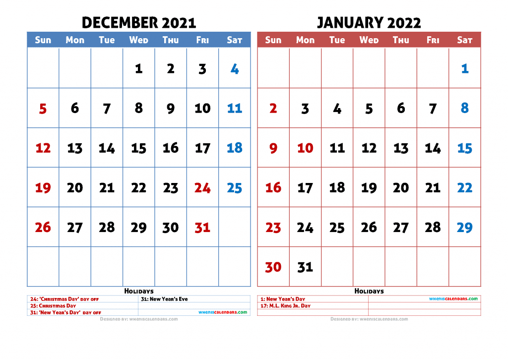 Free Download December 2021 January 2022 Calendar Printable as PDF and Image