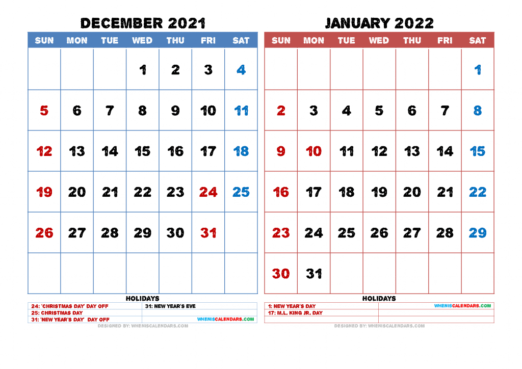Free Printable December 2021 January 2022 Calendar with Holidays 2 Month Calendar on One Page