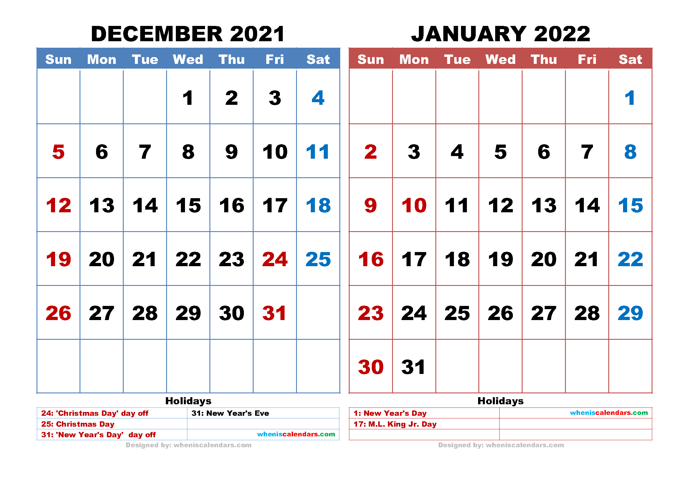 December And January 2022 Calendar Free December 2021 January 2022 Calendar With Holidays Pdf