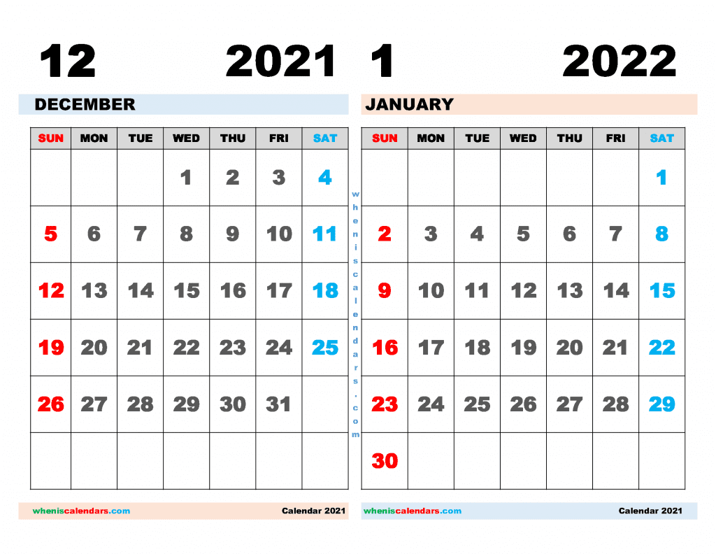 Free December 2021 January 2022 Calendar Printable PDF
