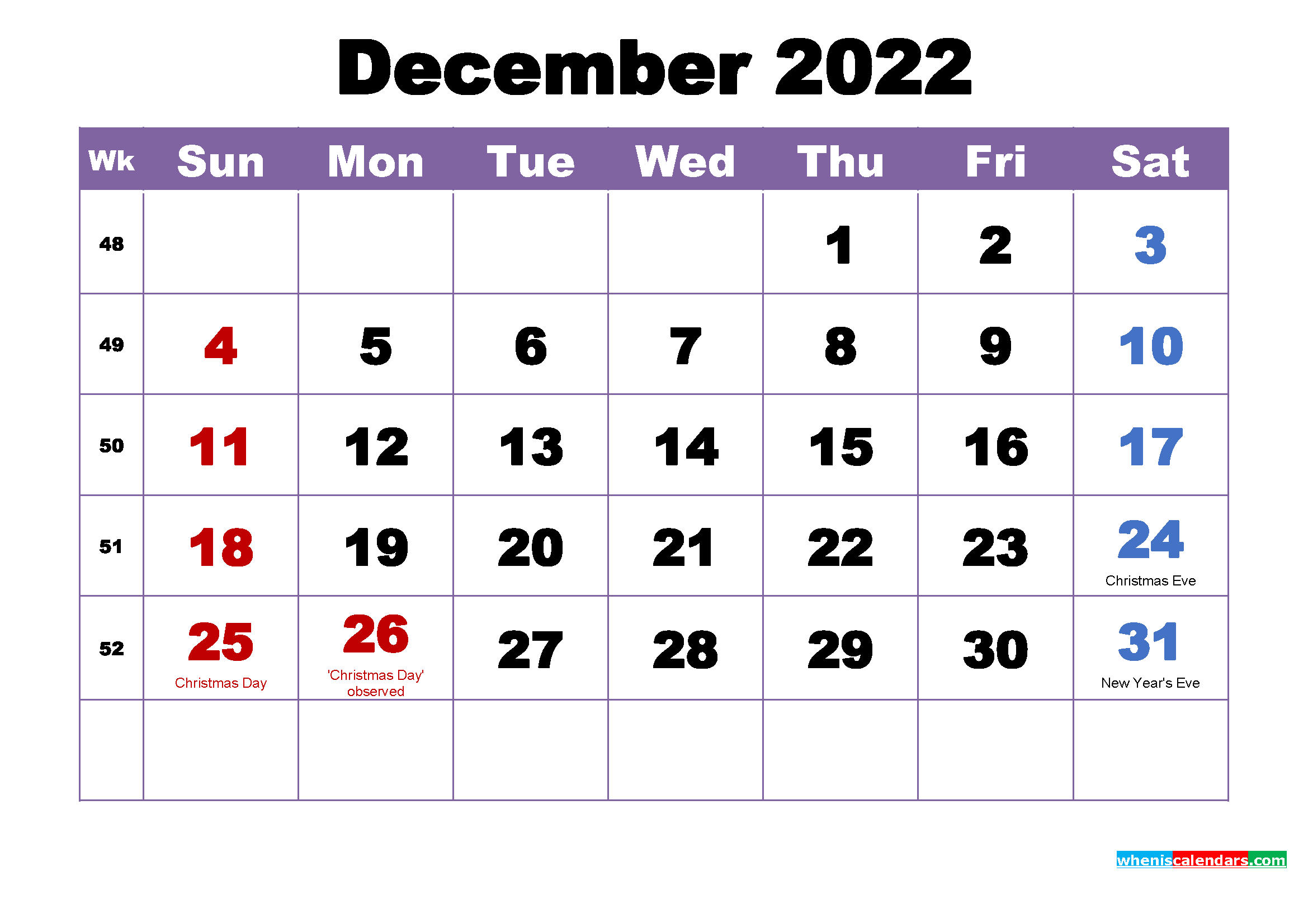 Monthly Calendar December 2022 Free December 2022 Calendar With Holidays Printable