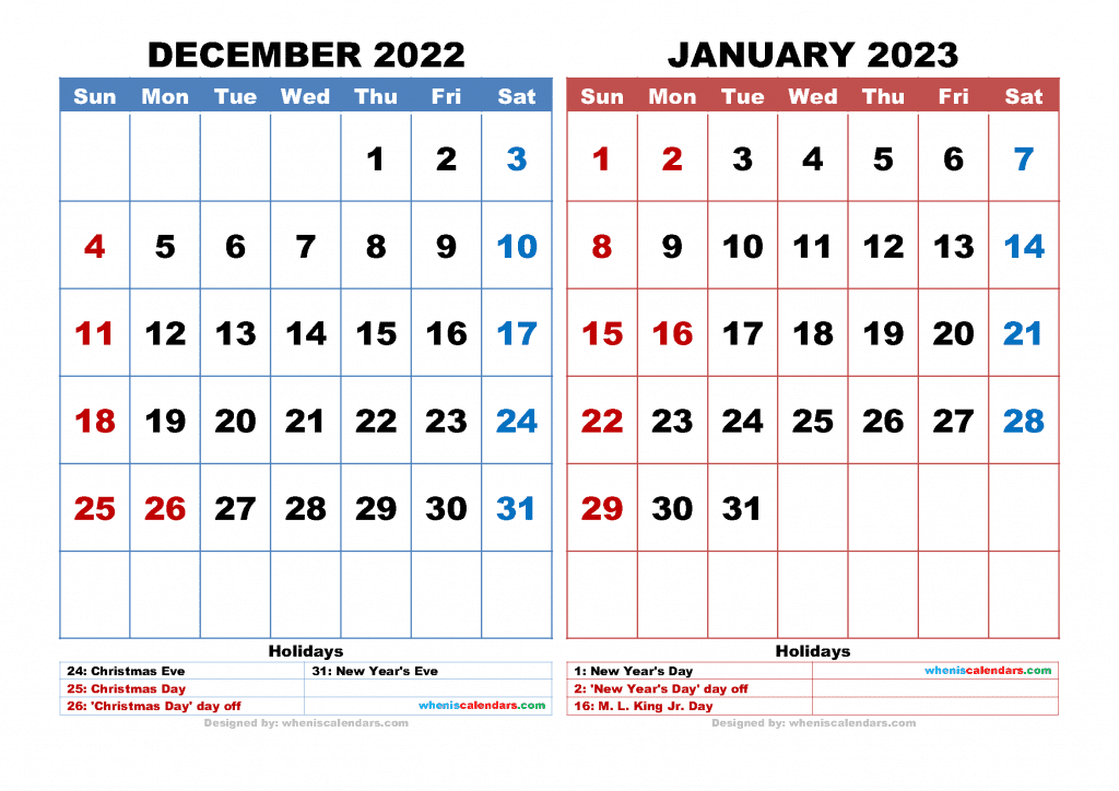 Free December 2022 January 2023 Calendar Printable PDF and high resolution image