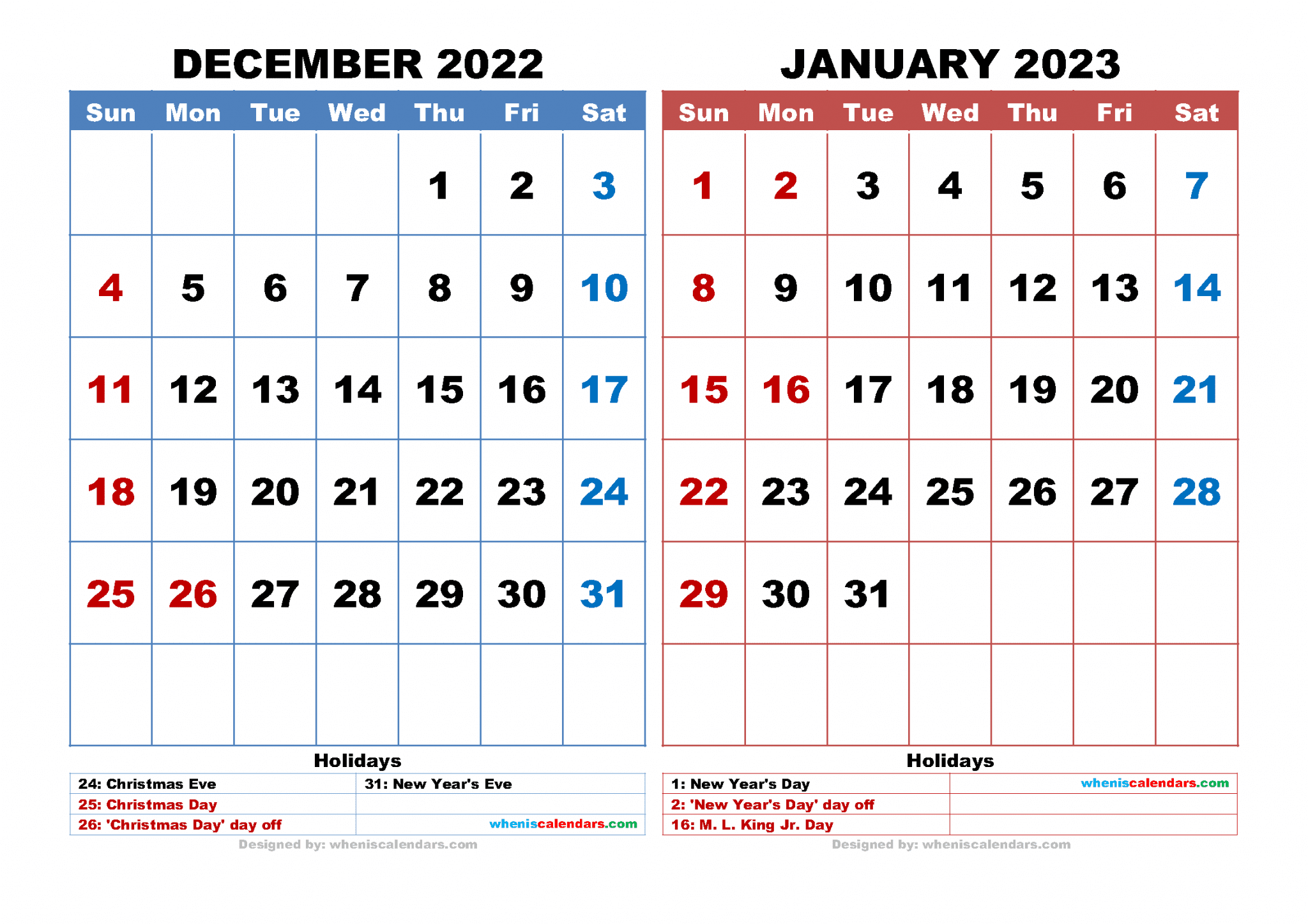Calendar December 2022 And January 2023 Free Printable