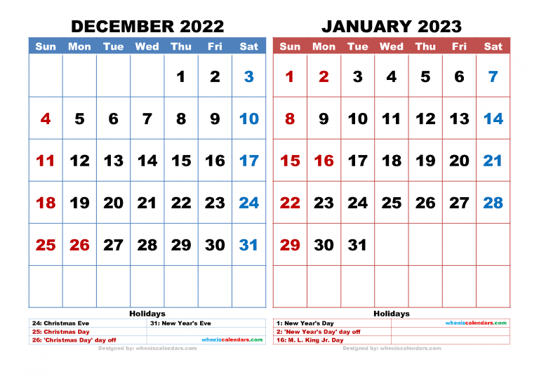 Free December 2022 January 2023 Calendar Printable PDF