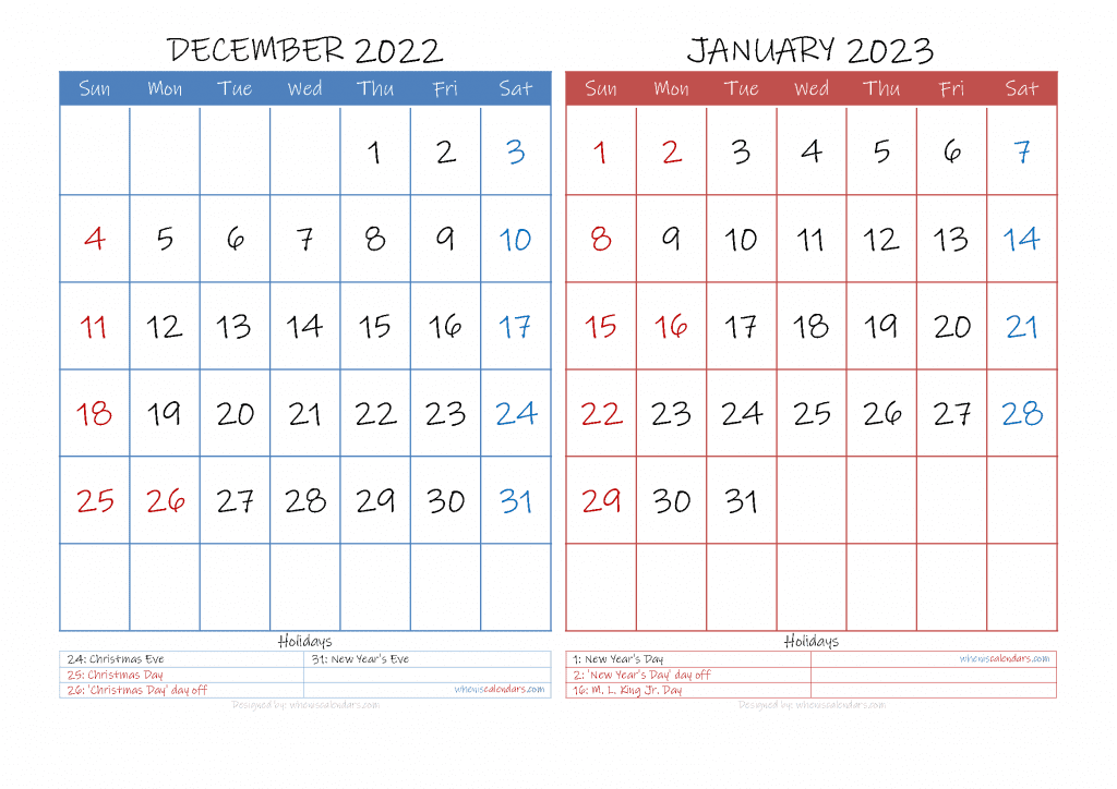 Free December 2022 January 2023 Calendar Printable PDF and high resolution image