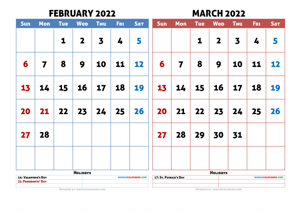 Free February March 2022 Calendar Printable as PDF and high resolution image