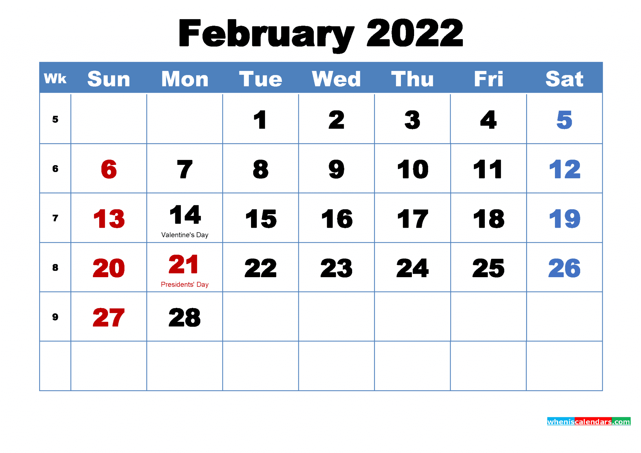 free february 2022 calendar with holidays printable