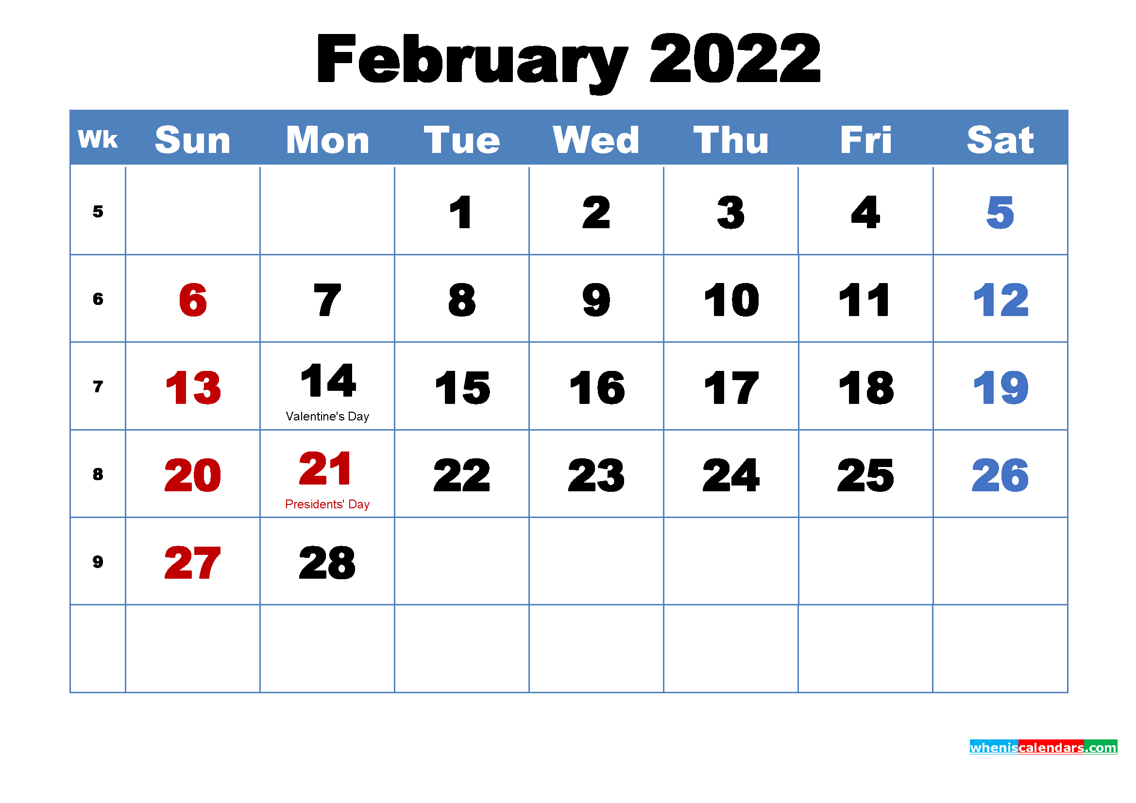 Free Printable February 2022 Calendar with Holidays as PDF and PNG Image