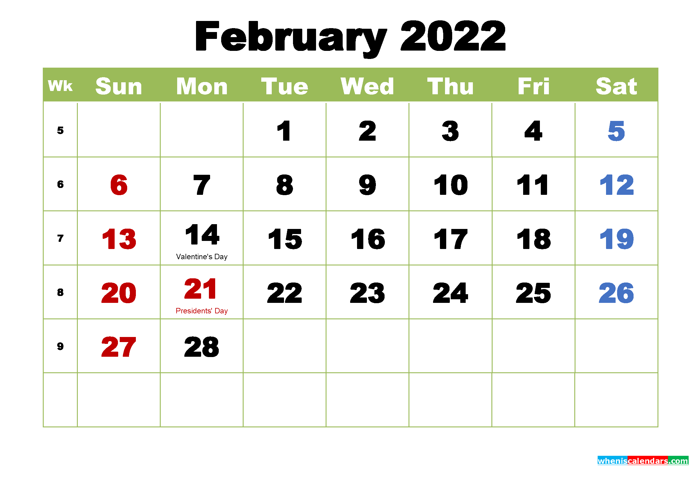 February 2022 Calendar With Holidays Free February 2022 Calendar With Holidays Printable