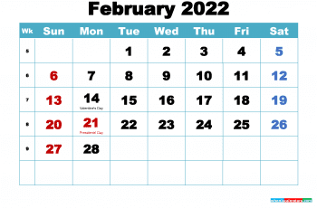 Free February 2022 Calendar with Holidays Printable PDF and Image